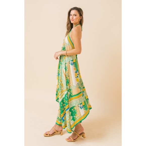 Flying Tomato Green & Ivory Patchwork Print Hanky Hem Halter Dress - Picture 6 of 9